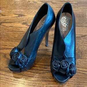Vince Camuto Black Leather Heels with Rose Detail